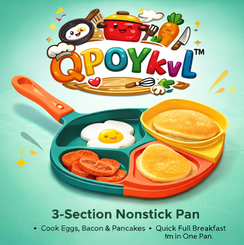 QPOYkvl™ TripleJoy Sectioned Frying Pan – 3-Compartment Nonstick Breakfast Pan for Eggs, Bacon, Pancakes