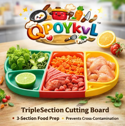 QPOYkvl™ TripleSection Cutting Board – Sectioned Chopping Board for Meat, Veggies, Fruits, Non-Slip Prep Board